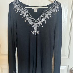 Notations Black Long Sleeve Top with Silver Embellishments